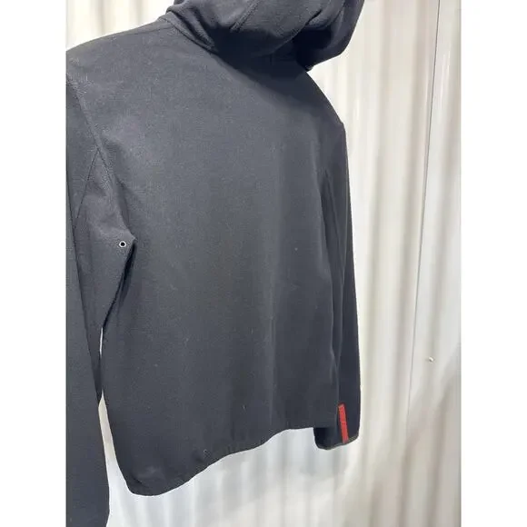 Prada Milano Red Tab Logo Full Zip Hooded Jacket In Black Womens Small